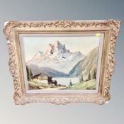 A continental oil on canvas - chalet with lake and snow capped mountains CONDITION