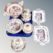 A tray of 19th century Imari porcelain including ironstone comport,