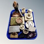 A tray of smoking related items, chalk Churchill figural ashtray, onyx table lighter, ashtray,