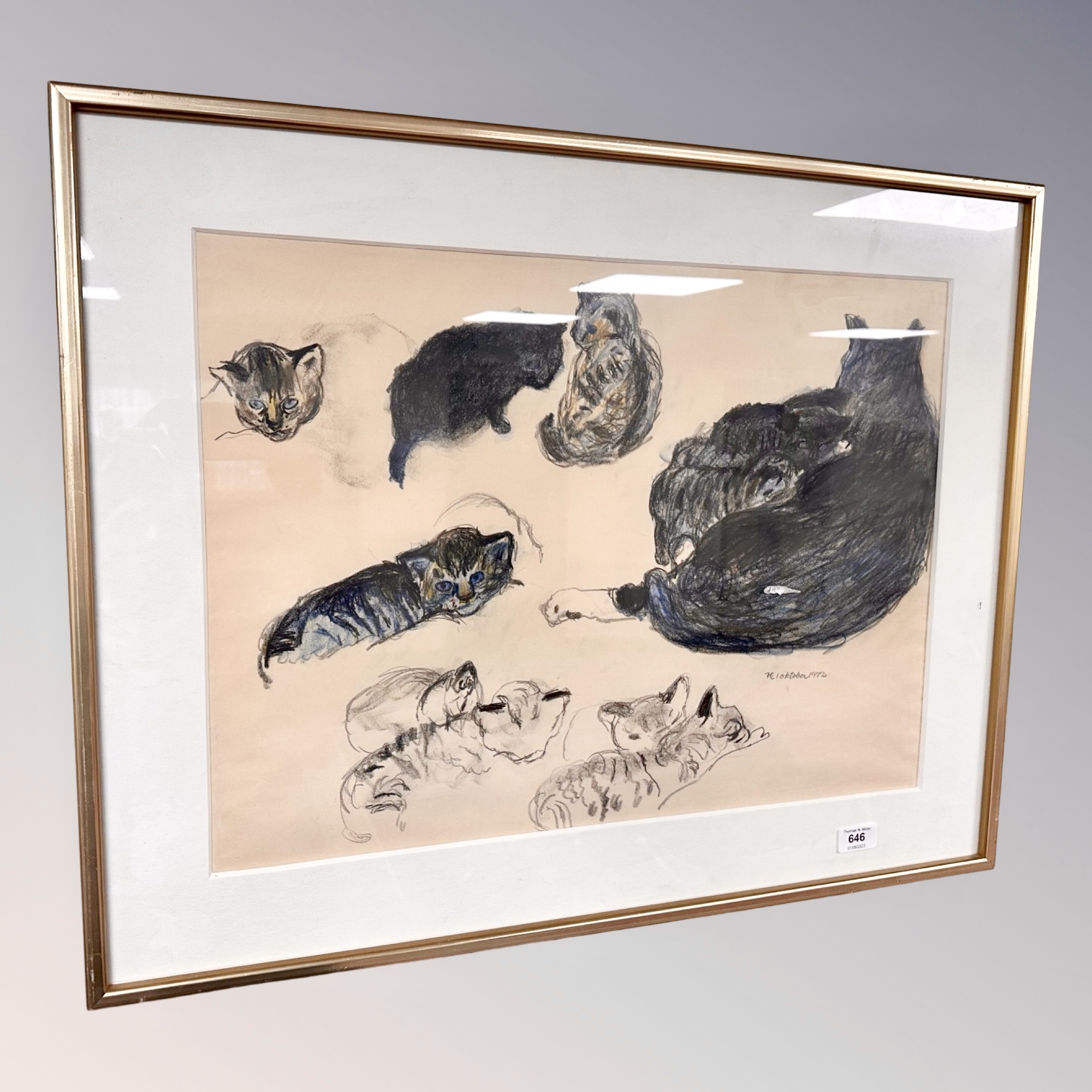 Continental School : Crayon study of cats, dated 1972,