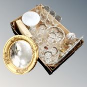 A box of glass ware, cased spoons, cocktail shaker,