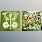 Two late Victorian Arts & Crafts movement ceramic tiles, on green ground, each 15.5cm².