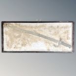 A French 1886 Chassepot bayonet, recovered from a WWI battlefield in 1993, framed.