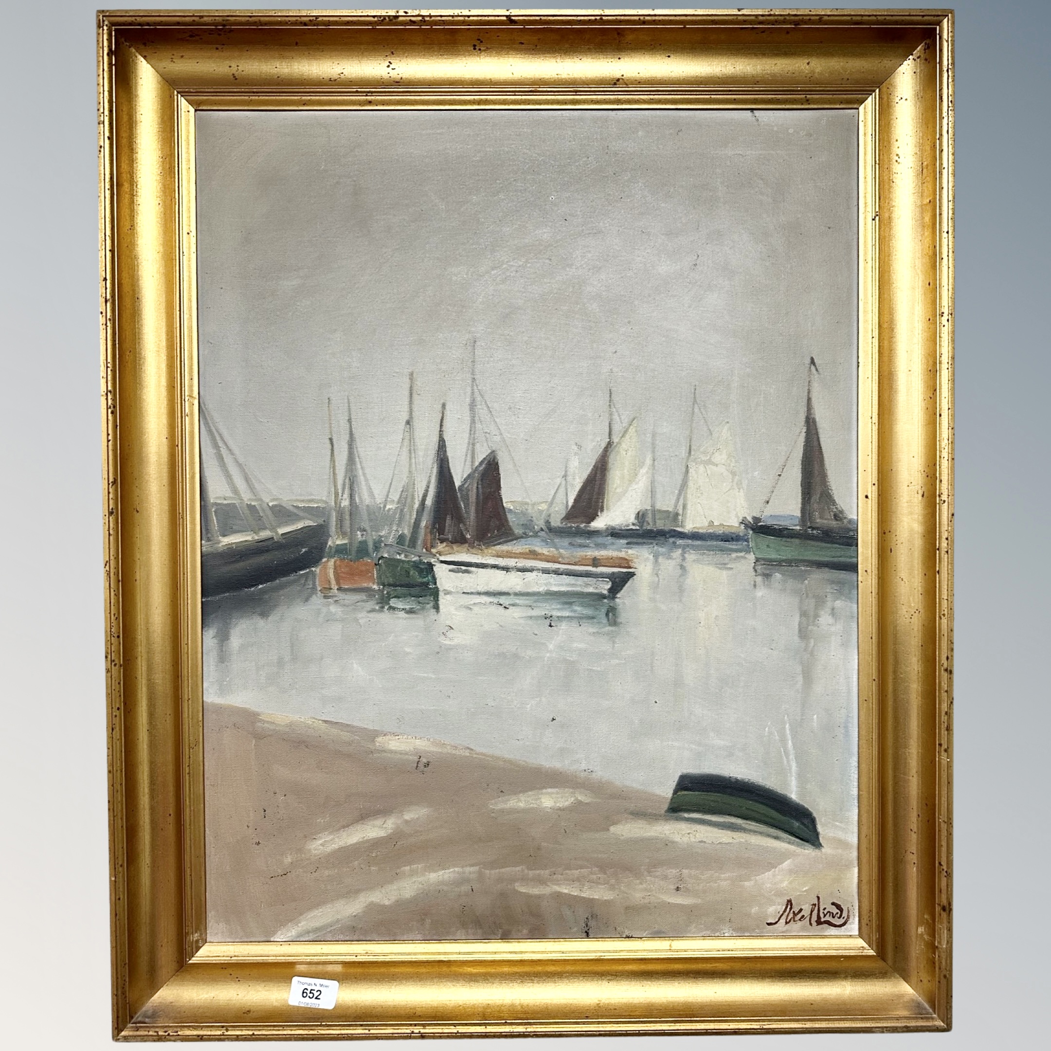 Axel Lind: Boats in a harbour, oil on canvas, indistinctly signed,