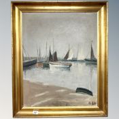 Axel Lind: Boats in a harbour, oil on canvas, indistinctly signed,