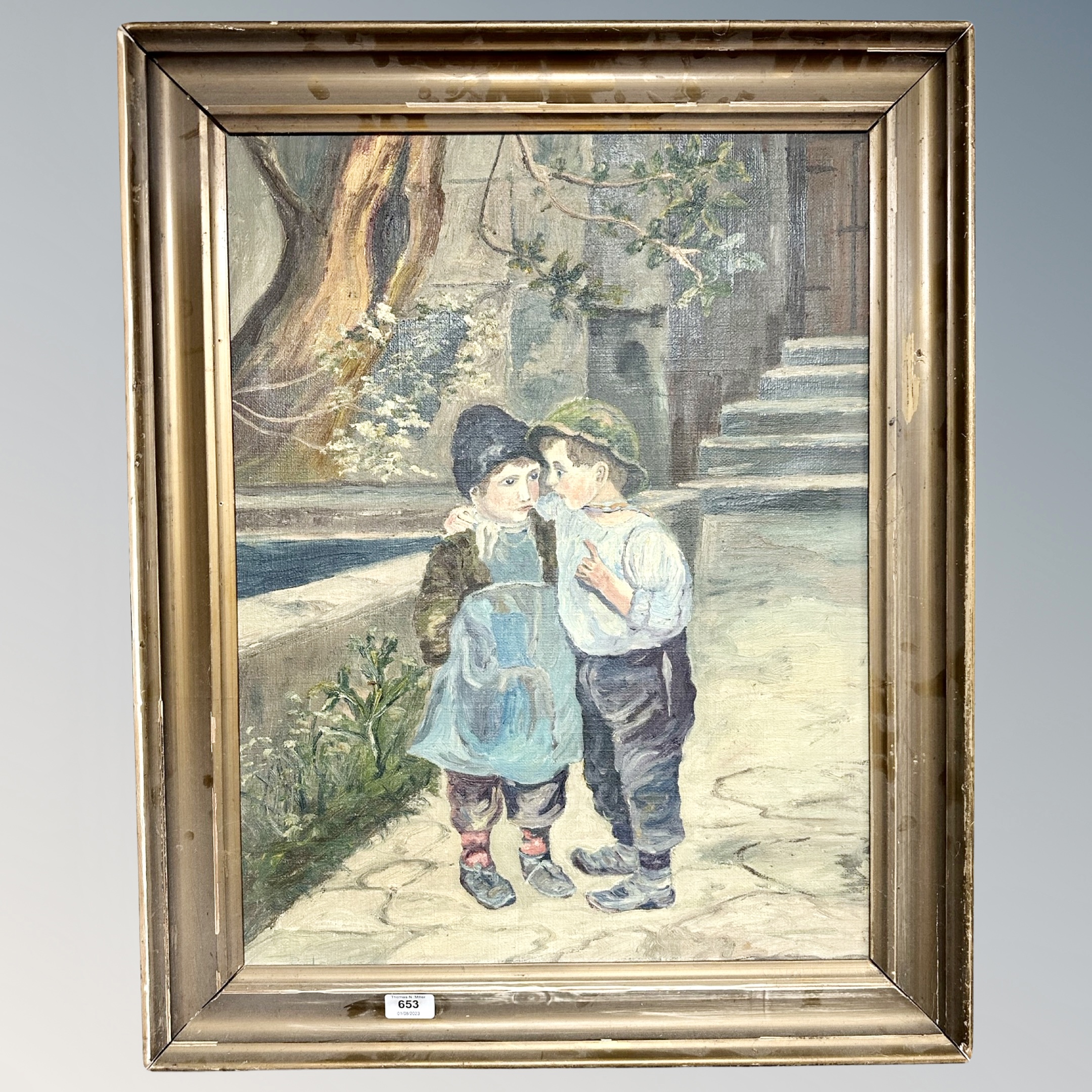 Continental School : Two children on a path, oil on canvas,