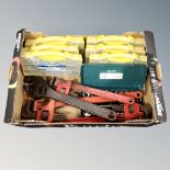 A box of six cased Silverine nut packs, cased socket sets,