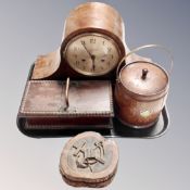 A tray of wooden pieces, lidded biscuit barrel, nautical theme box, wooden caddy,