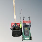 A Qualcast electric lawn mower with grass box and lead together with a garden Gear stubble burner,