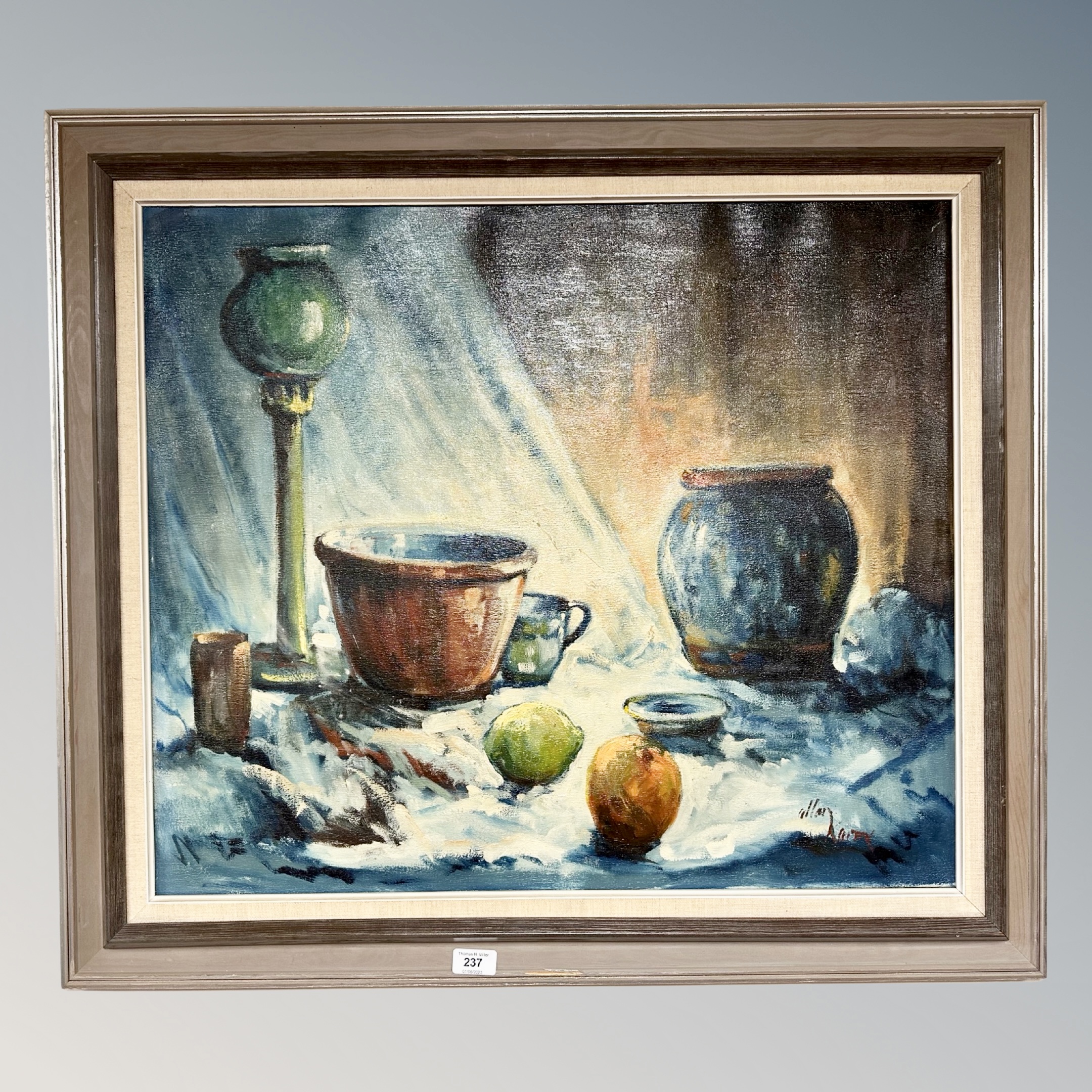 Continental School : Still life with pottery, oil on canvas.