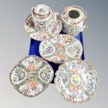 Six pieces of 19th century Canton porcelain including comport, teapots, scalloped-edge plates.