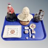 A tray of ceramics, Royal Doulton Lambeth jug, miniature Limoges drawing room suite,