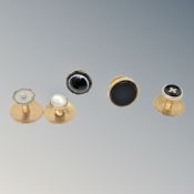 Five various gold dress studs set with moonstone/agate, mother of pearl (two marked 18ct,