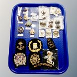 A tray of assorted metal and sew on badges, British Legion, Salvation Army, HM prisons,