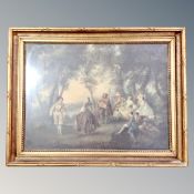 An antiquarian colour print depicting party in garden in heavy gilt frame