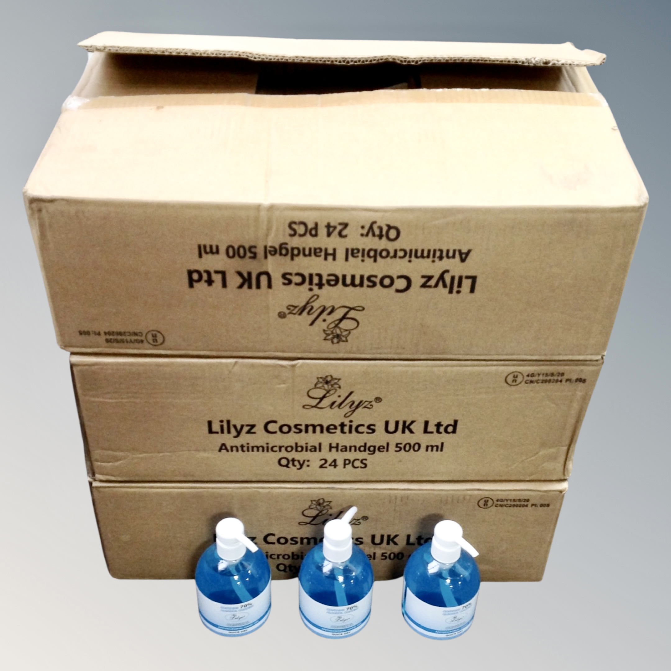 Sixty-eight bottles of Lilyz Antimicrobial hand gel 500ml (3 boxes)