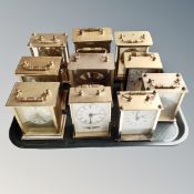 A tray of ten battery operated carriage clocks