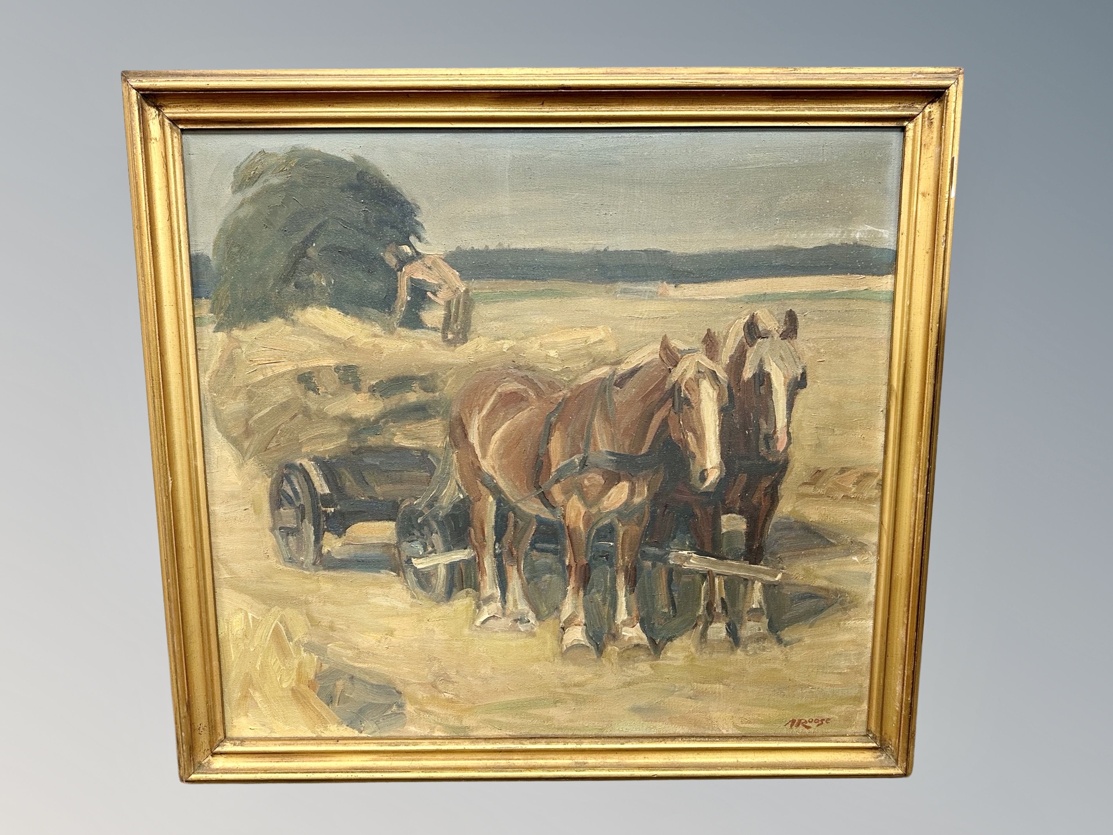 Continental school : Horses pulling a cart, oil on canvas,