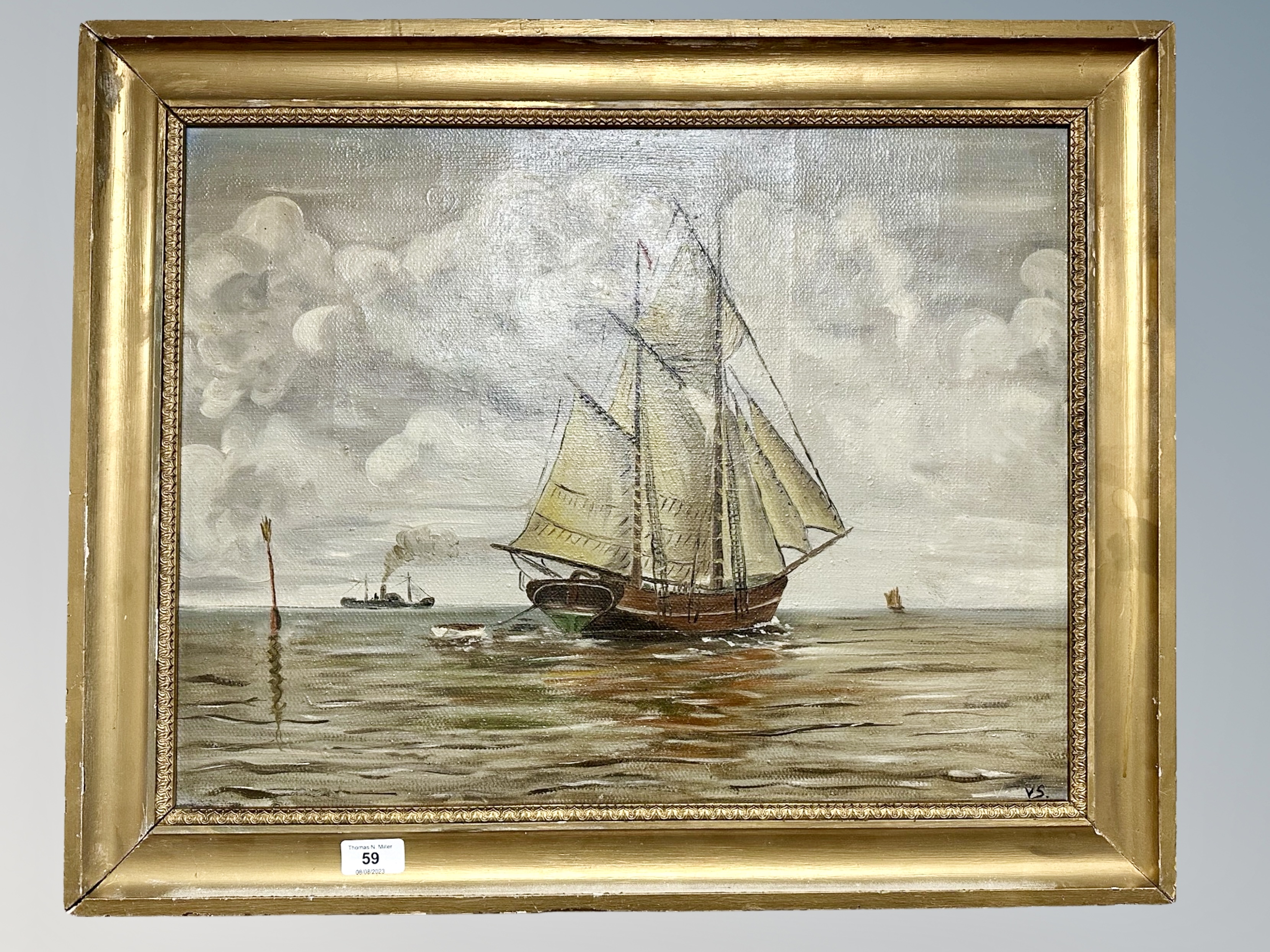 Continental school : Tall ship at sea, oil on canvas,