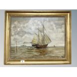 Continental school : Tall ship at sea, oil on canvas,