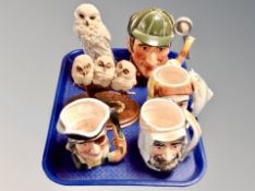 A tray of two Country Artists owl ornaments on stands together with a Royal Doulton large character
