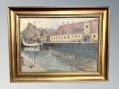 Continental school : Boats in a canal, oil on canvas,