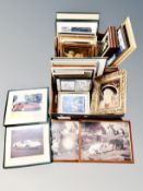Two boxes of pictures and prints, classic cars, synthetic oils on boards,