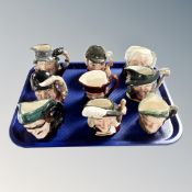 A tray of nine small Royal Doulton character jugs - Auld Mac, Gone Away, The Sleuth,