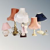 Six table lamps with shades in glass, brass, alabaster,
