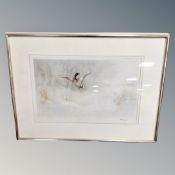 A R G Wright signed colour print depicting a duck in flight, framed.