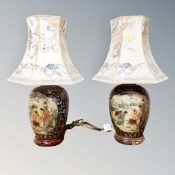 A pair of Japanese ceramic table lamps on wooden bases with shades