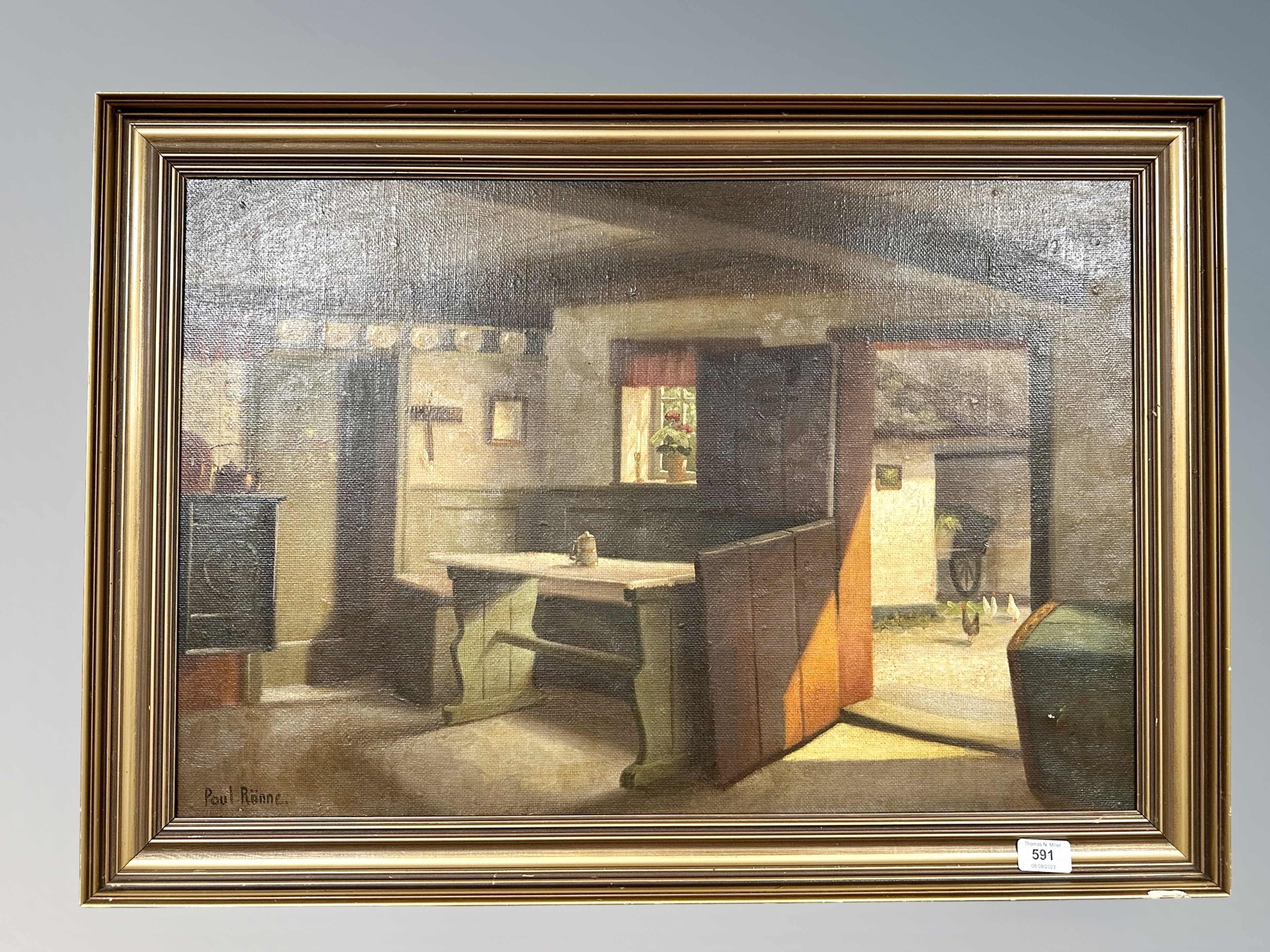 Poul Ronne : View through a cottage door, oil on canvas,