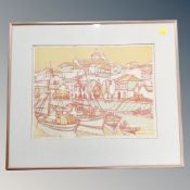 A limited edition screen print depicting boats with dwellings beyond,