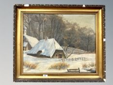 Continental school : Cottage in snow, oil on canvas,