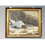 Continental school : Cottage in snow, oil on canvas,