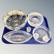 A tray of five assorted glass dishes,