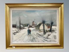 Continental school : Figures walking to a windmill, oil on canvas,