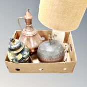 A box of antique copper brass handled eastern teapot,