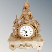 A 19th century French gilt and white marble figural mantel clock