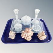 A tray of six piece Art Deco blue glass dressing table set and three German figures with china lace