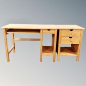 A contemporary pine computer desk together with matching two drawer chest