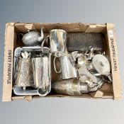 A box of silver plated wares, cased pair of servers,