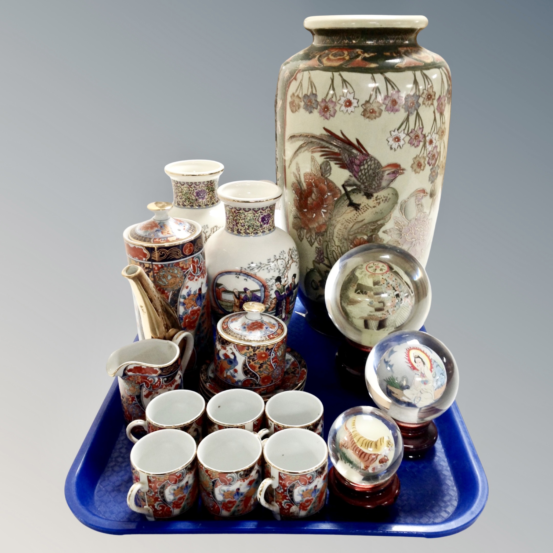 A tray of Oriental wares, vases, tea service,