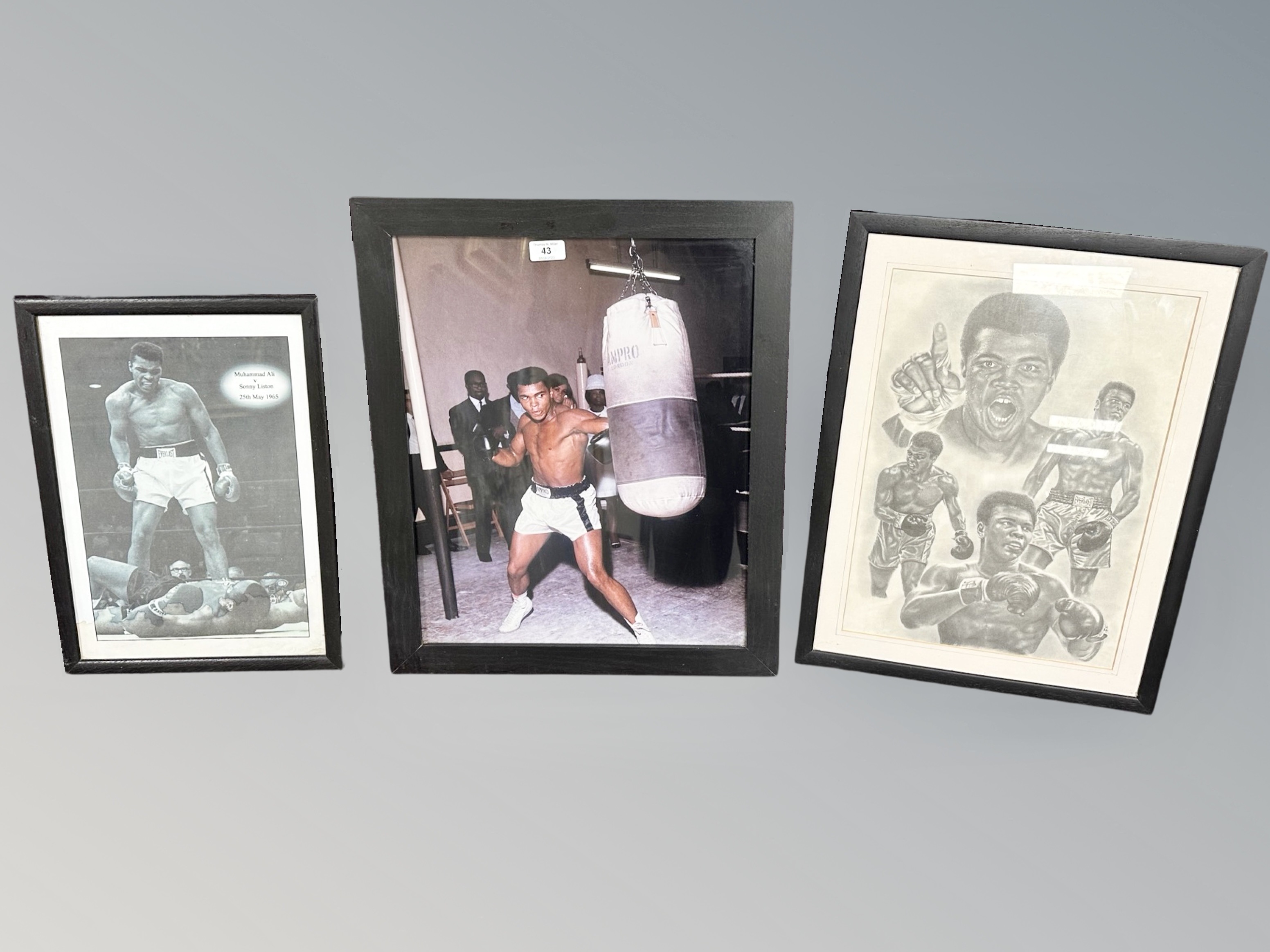 Three pictures relating to Muhammad Ali, largest 47cm by 57cm.