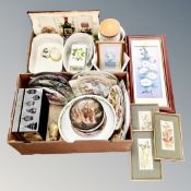 Two boxes of assorted ceramics to include serving dishes, collector's plates, kitchen storage jars,