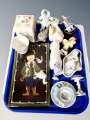 A tray of Maling beaker, blue and white bull, pottery, composition figure of a bird by A.