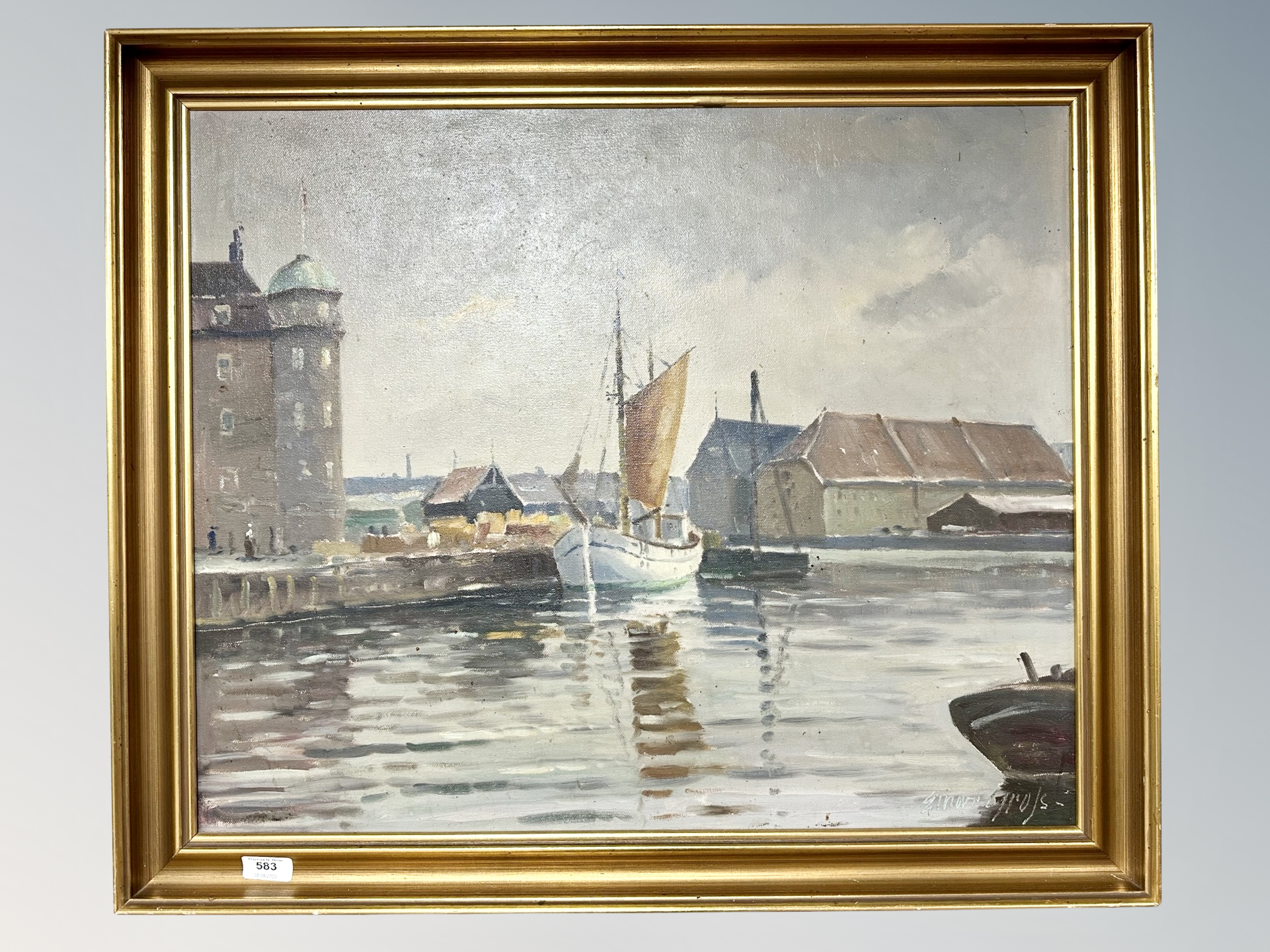 Continental school : Boats in a dock, oil on canvas,