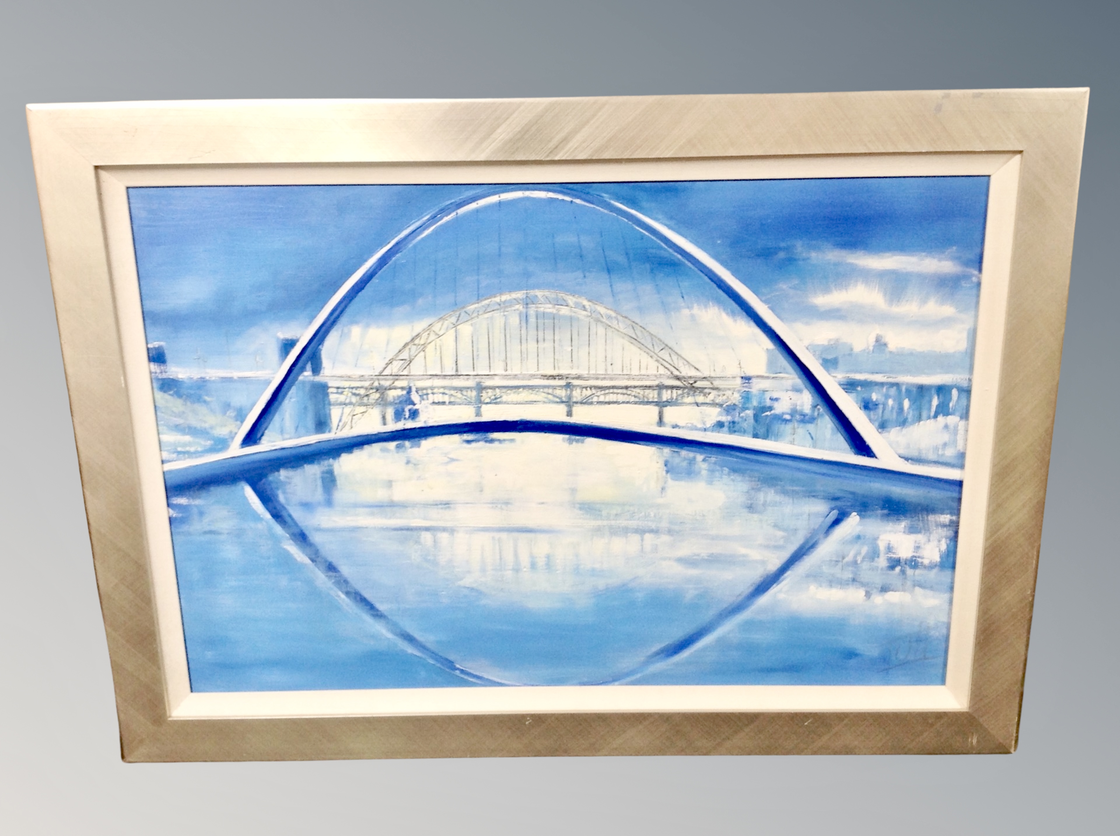An oil on canvas depicting the Newcastle Tyne and Millennium Bridges