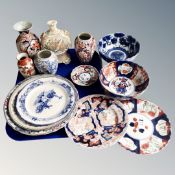 A tray of antique and later Chinese ceramics, Imari pieces,