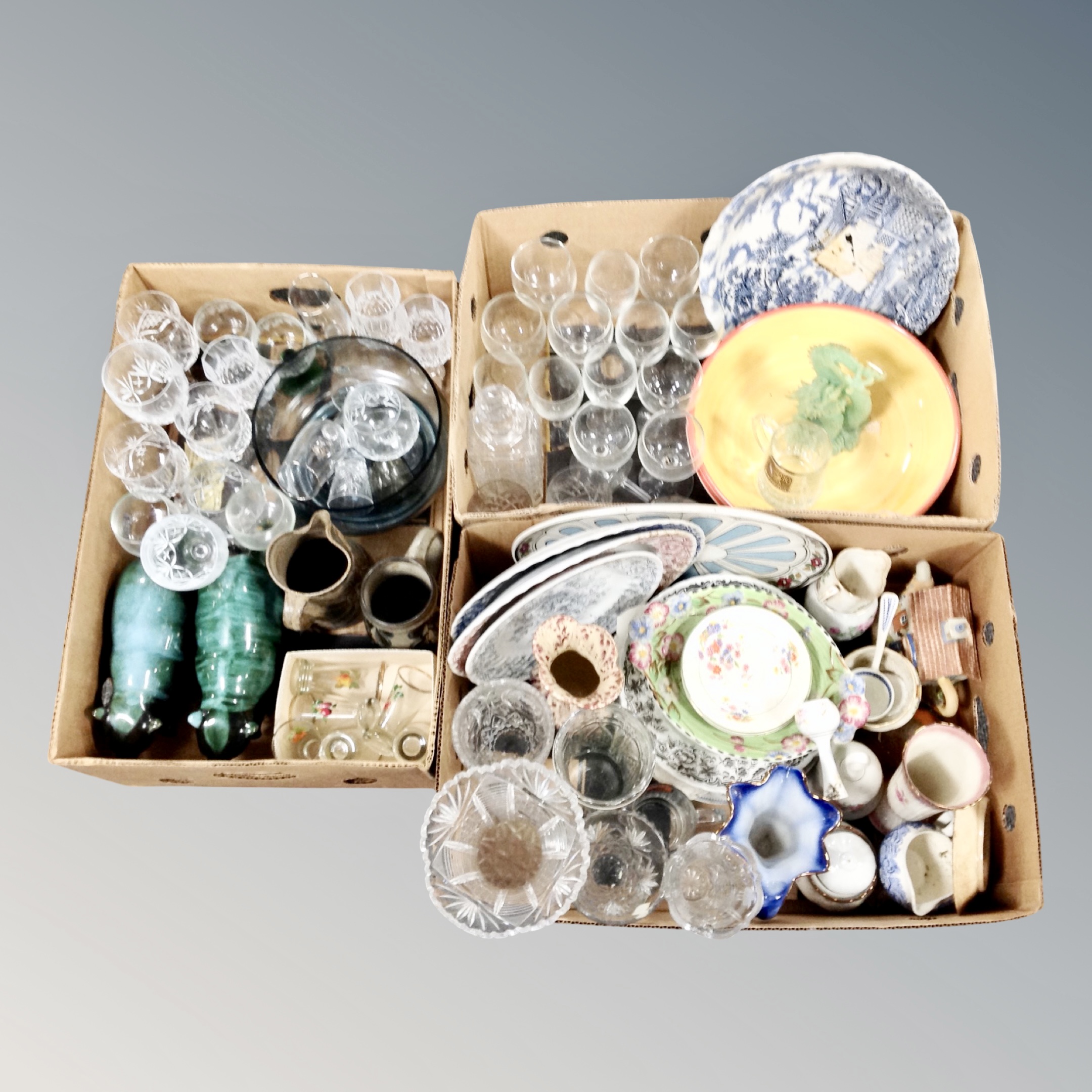 Three boxes of antique and later ceramics, plates, glass ware,